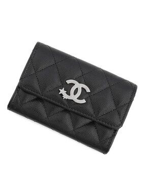 Chanel Card Case Quilted CC Logo Caviar Leather Rhinestone Wallet Coin Purse